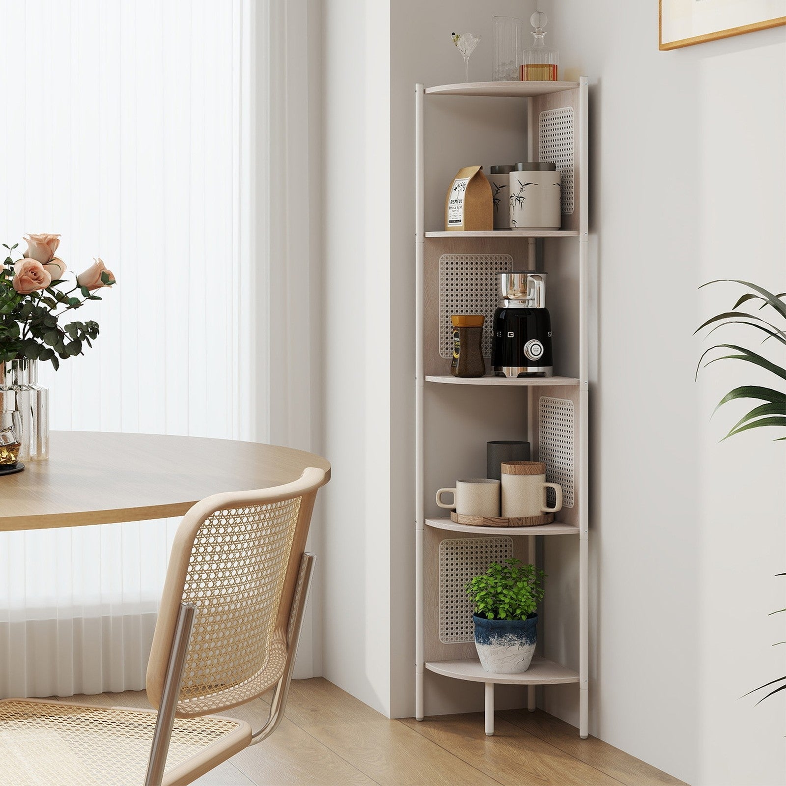 5-Tier Corner Bookshelf – Metal – Rattan Effect – Versatile for Living Room, Bedroom, Study, Kitchen