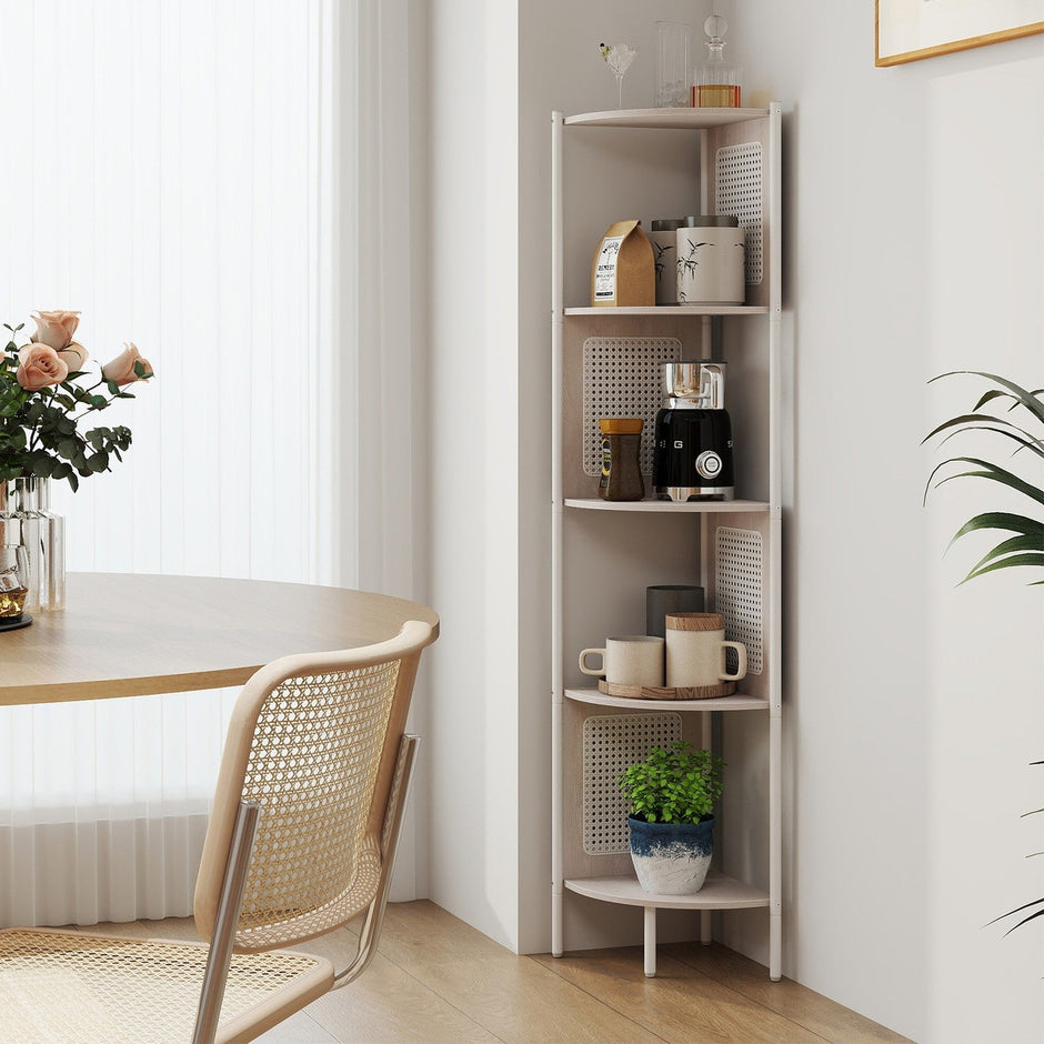 5-Tier Corner Bookshelf – Metal – Rattan Effect – Versatile for Living Room, Bedroom, Study, Kitchen