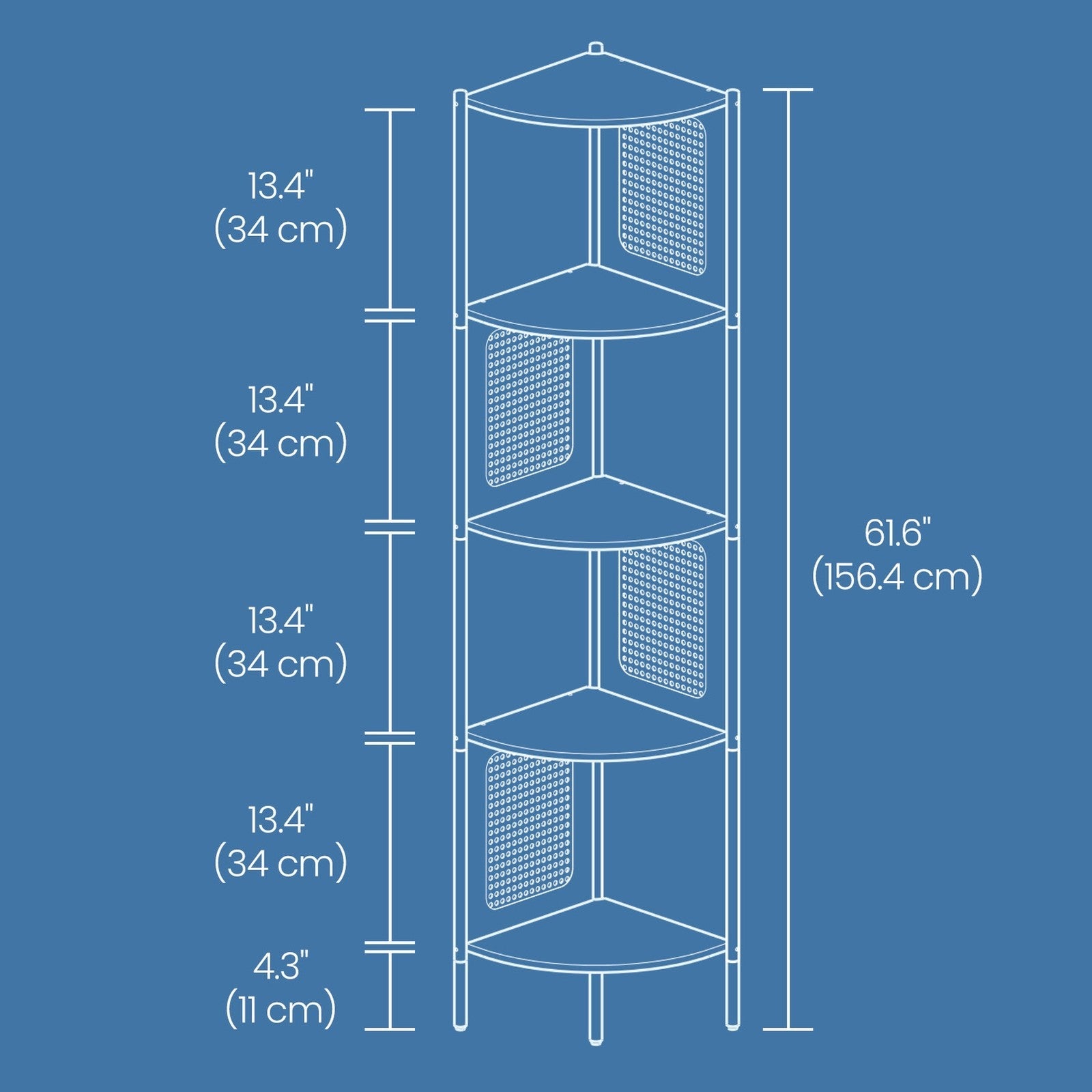 5-Tier Corner Bookshelf – Metal – Rattan Effect – Versatile for Living Room, Bedroom, Study, Kitchen