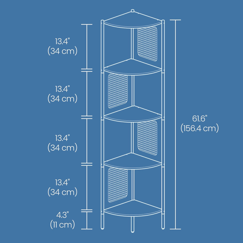 5-Tier Corner Bookshelf – Metal – Rattan Effect – Versatile for Living Room, Bedroom, Study, Kitchen
