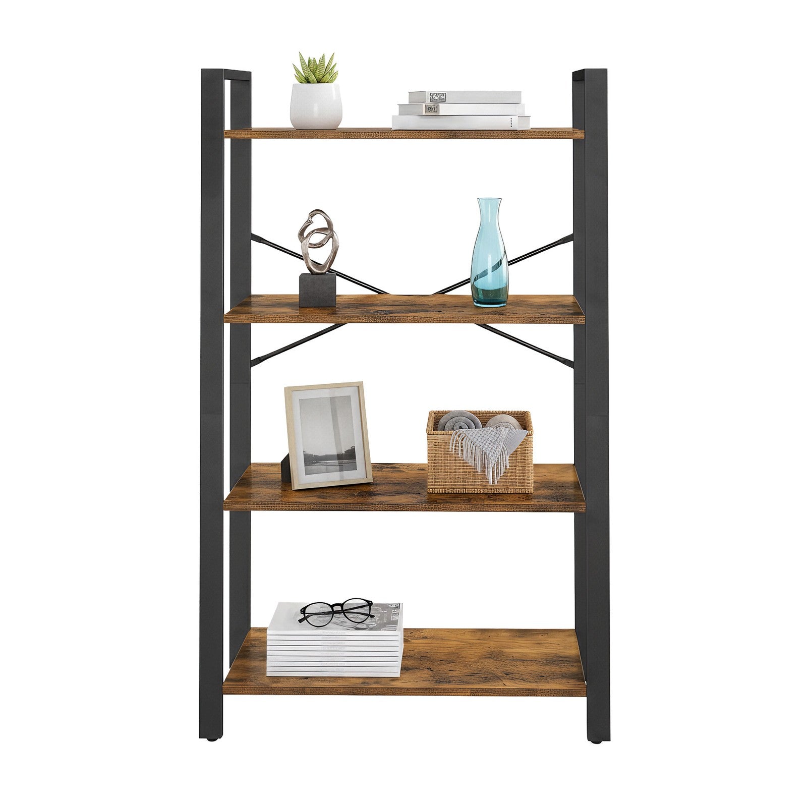 4-Tier Storage Shelf – Iron – Rustic Brown – Stable Design for Office and Living Room
