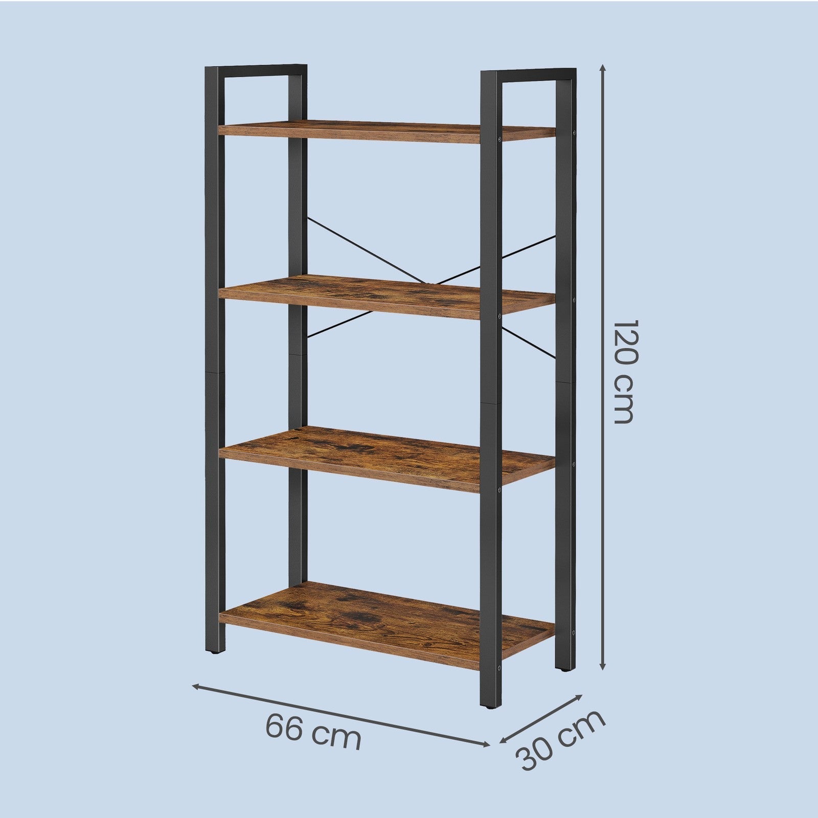 4-Tier Storage Shelf – Iron – Rustic Brown – Stable Design for Office and Living Room