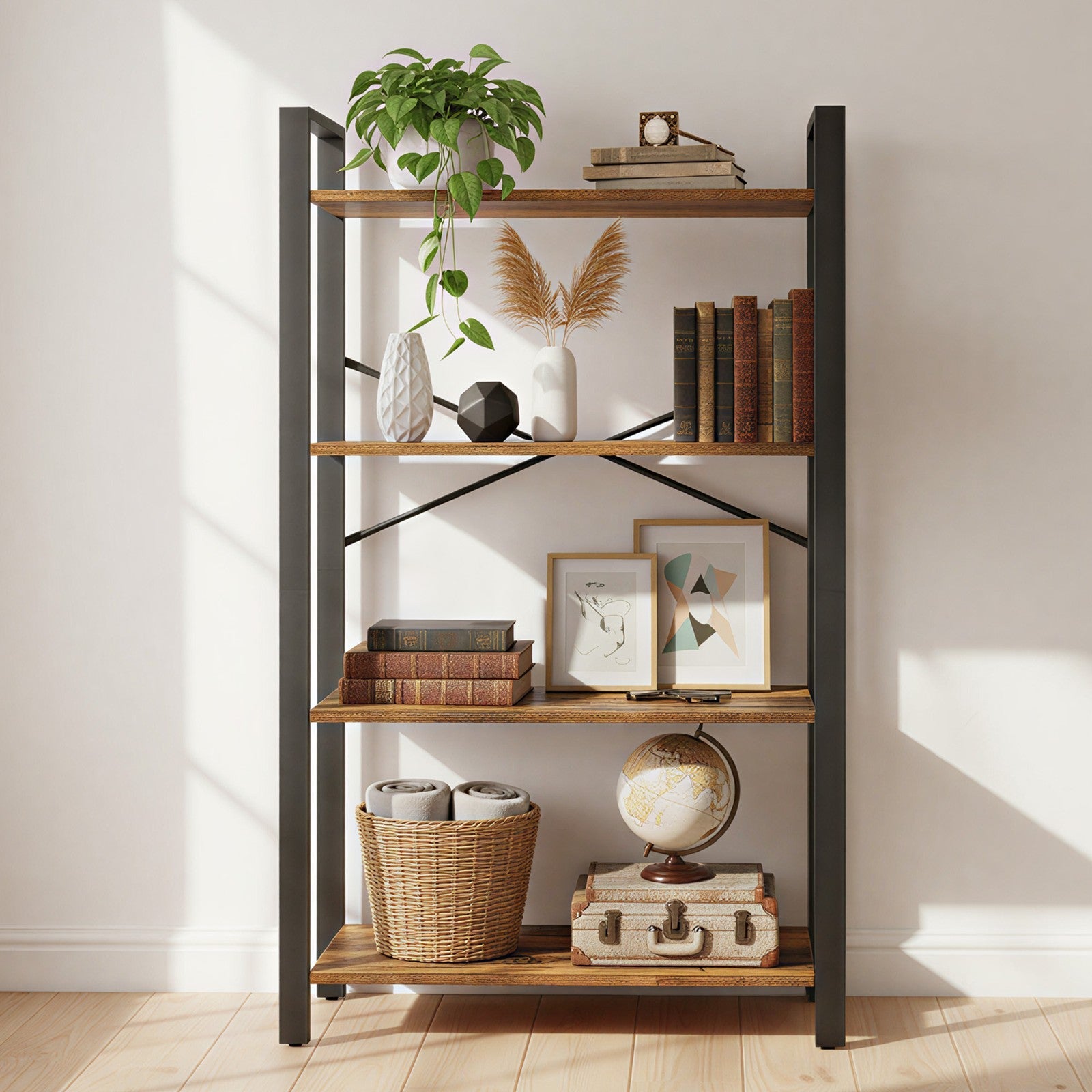 4-Tier Storage Shelf – Iron – Rustic Brown – Stable Design for Office and Living Room
