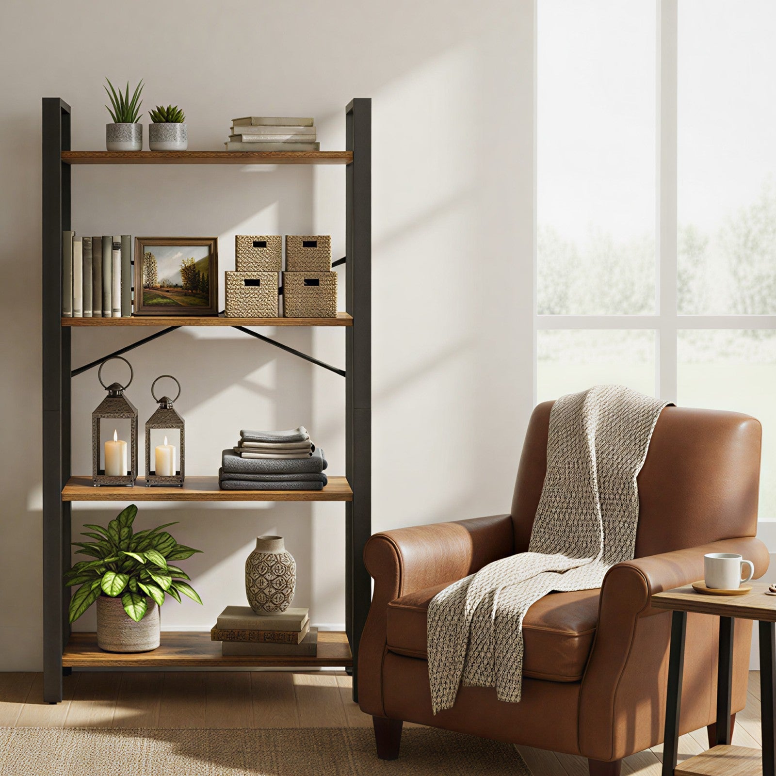 4-Tier Storage Shelf – Iron – Rustic Brown – Stable Design for Office and Living Room