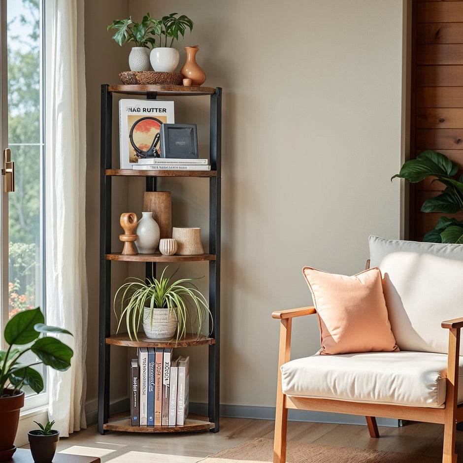 5-Tier Corner Bookcase – Engineered Wood – Rustic Brown and Black – Multipurpose Storage Unit