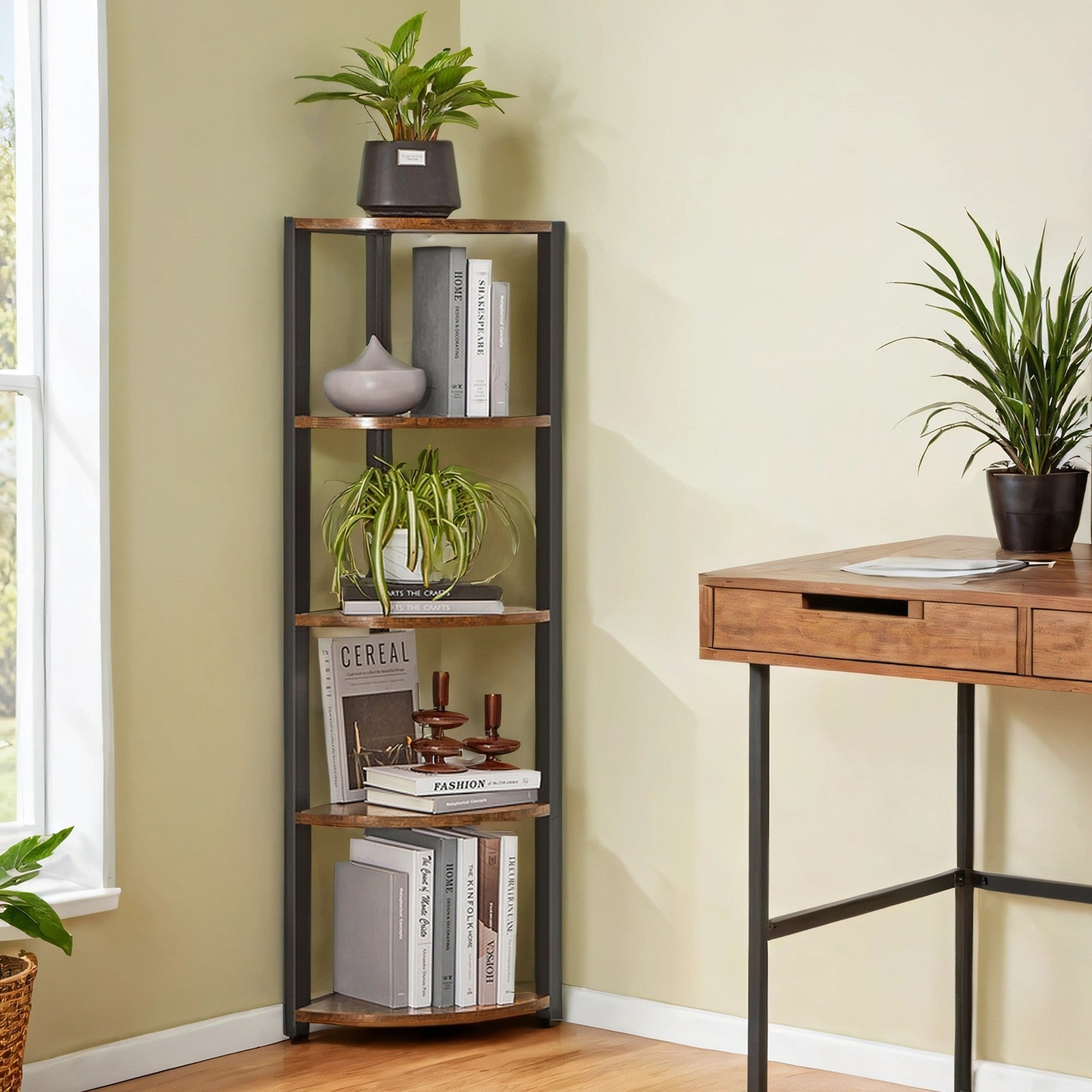 5-Tier Corner Bookcase – Engineered Wood – Rustic Brown and Black – Multipurpose Storage Unit