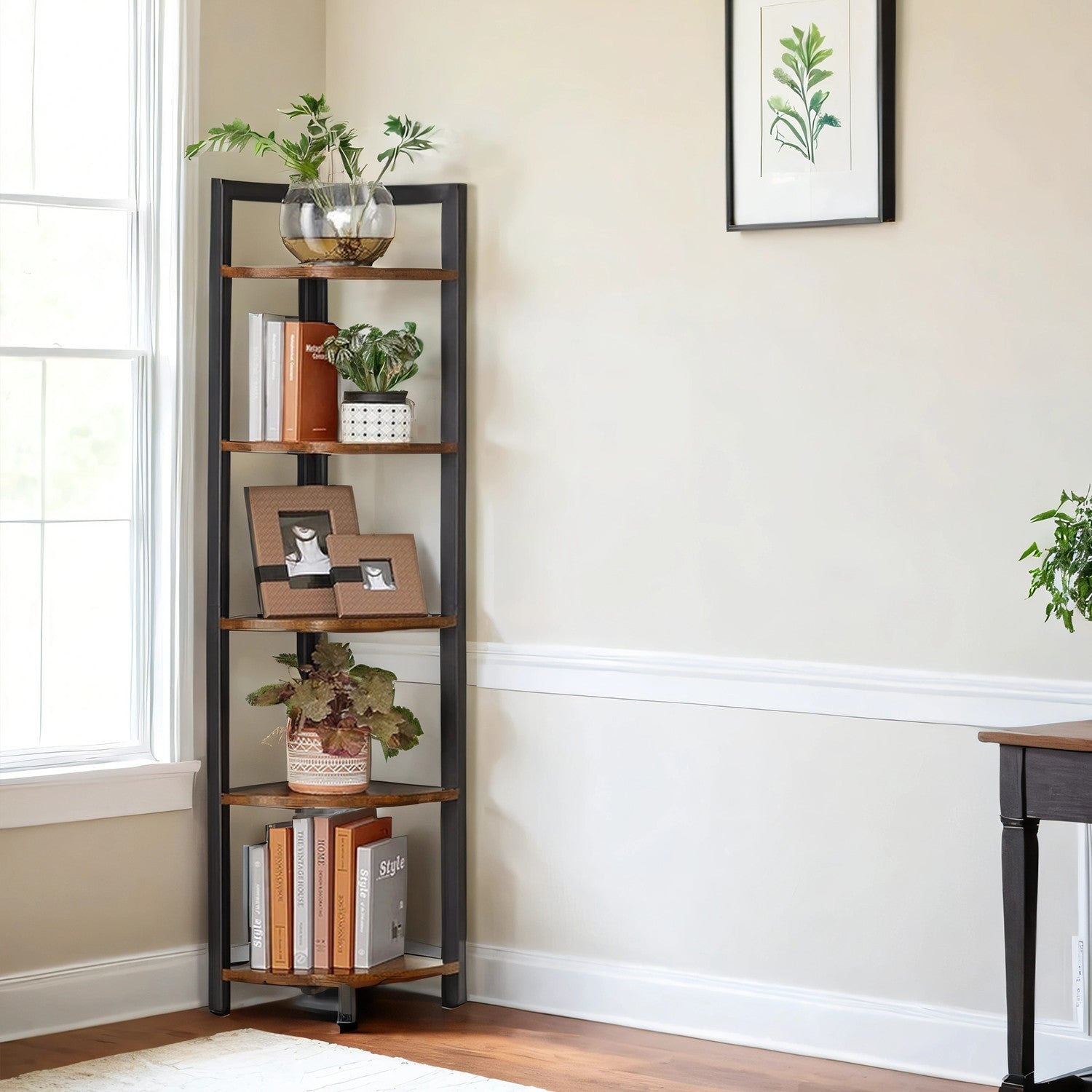 Corner Shelf Unit – Wood and Metal – Rustic Brown and Black – 5-Tier Multipurpose Storage