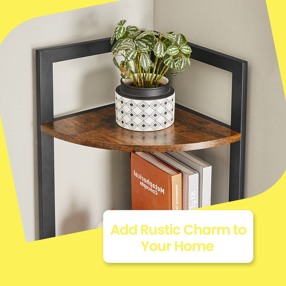 Corner Shelf Unit – Wood and Metal – Rustic Brown and Black – 5-Tier Multipurpose Storage