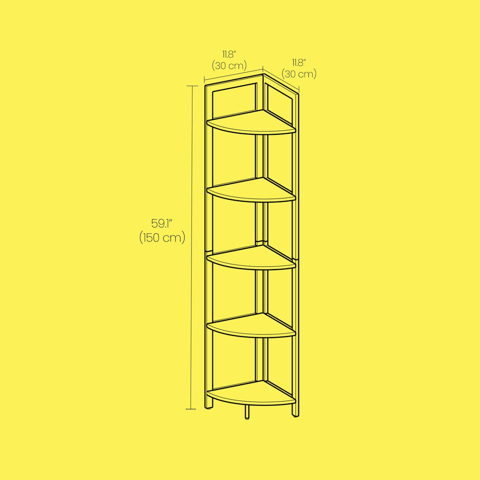 Corner Shelf Unit – Wood and Metal – Rustic Brown and Black – 5-Tier Multipurpose Storage
