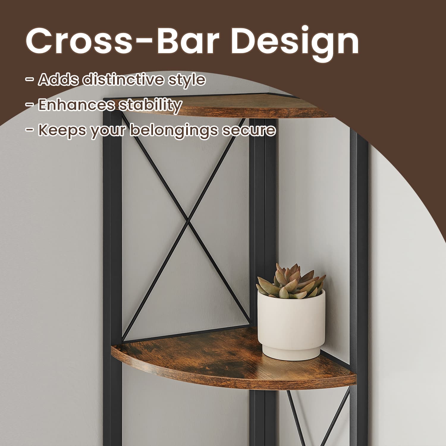 5-Tier Corner Shelf – Wood Metal – Rustic Brown and Black – Versatile Storage for Plants and Books
