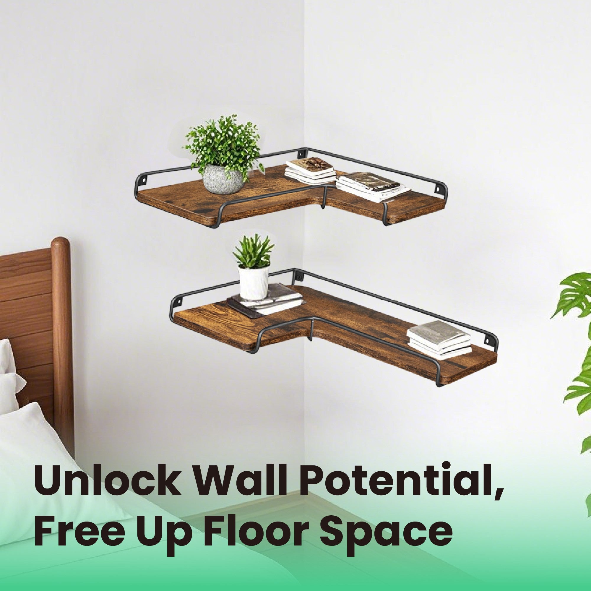 Set of 2 Floating L-Shaped Corner Shelves – Wood – Cloud White – Industrial Style