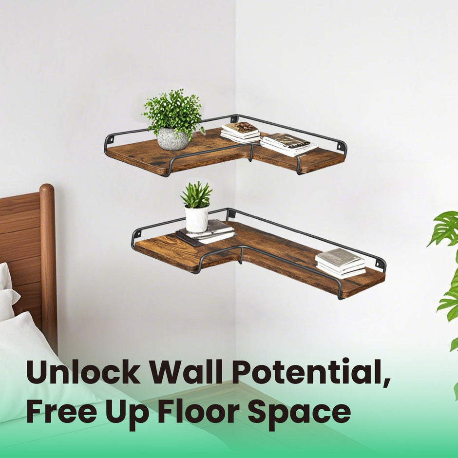 Set of 2 Floating L-Shaped Corner Shelves – Wood – Cloud White – Industrial Style