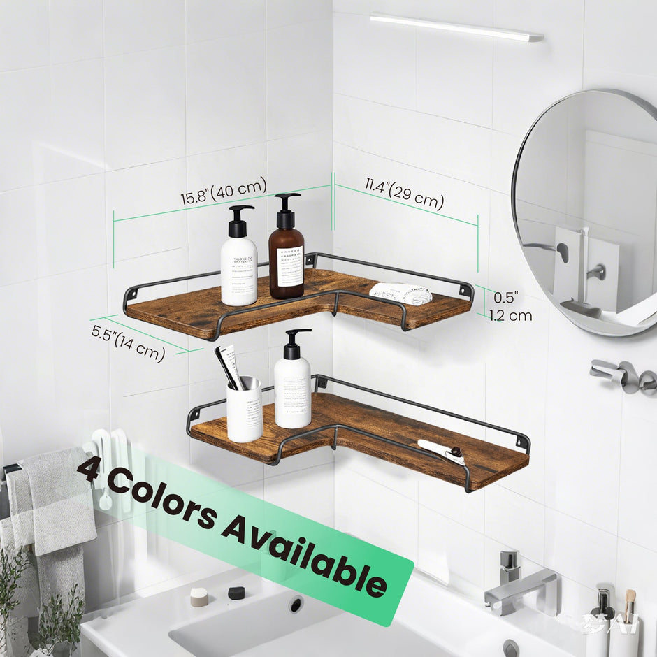 Set of 2 Floating L-Shaped Corner Shelves – Wood – Cloud White – Industrial Style