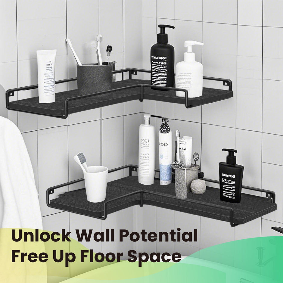 Set of 2 Floating L-Shaped Corner Shelves – Wood – Cloud White – Industrial Style