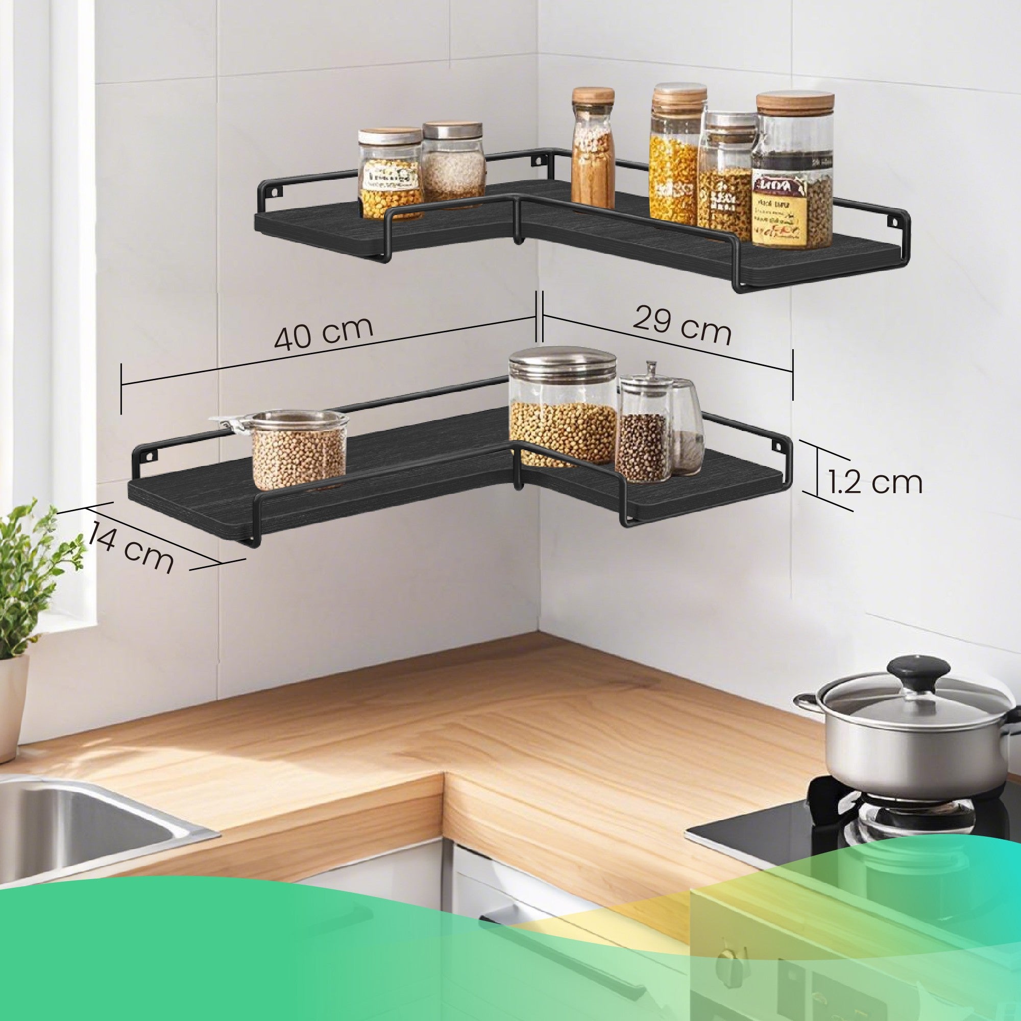 Set of 2 Floating L-Shaped Corner Shelves – Wood – Cloud White – Industrial Style