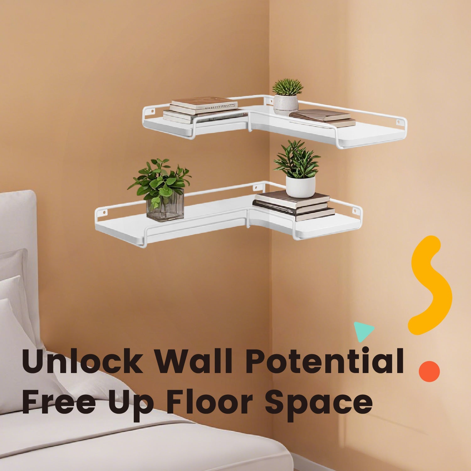 Set of 2 Floating L-Shaped Corner Shelves – Wood – Cloud White – Industrial Style