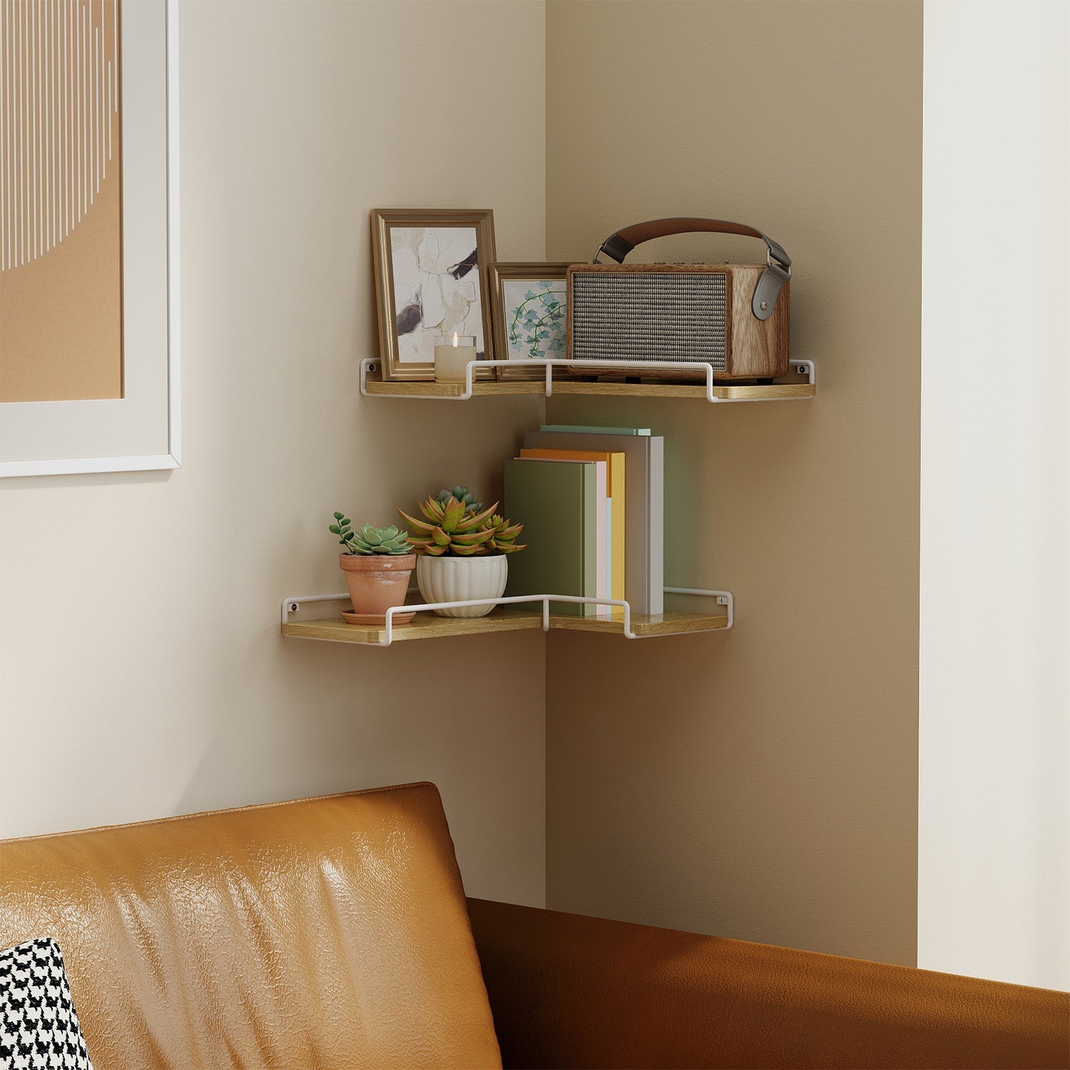 Set of 2 Floating L-Shaped Corner Shelves – Wood – Cloud White – Industrial Style