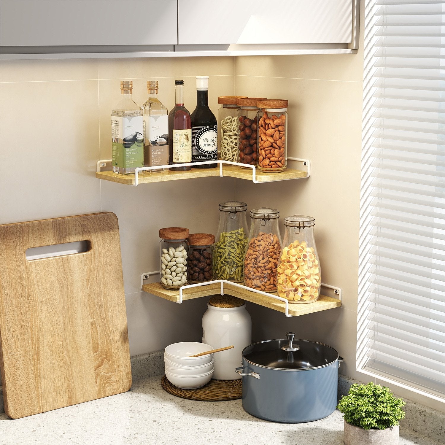Set of 2 Floating L-Shaped Corner Shelves – Wood – Cloud White – Industrial Style