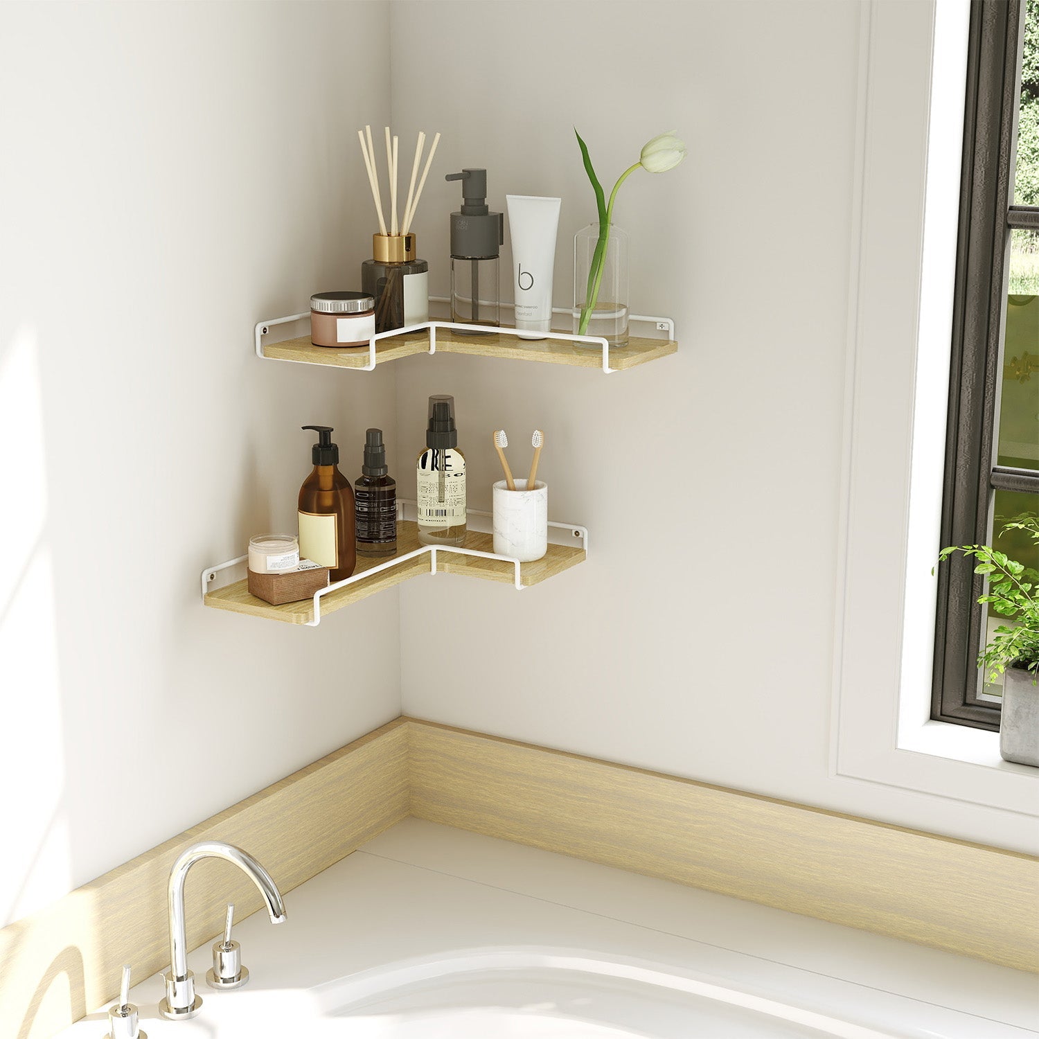 Set of 2 Floating L-Shaped Corner Shelves – Wood – Cloud White – Industrial Style