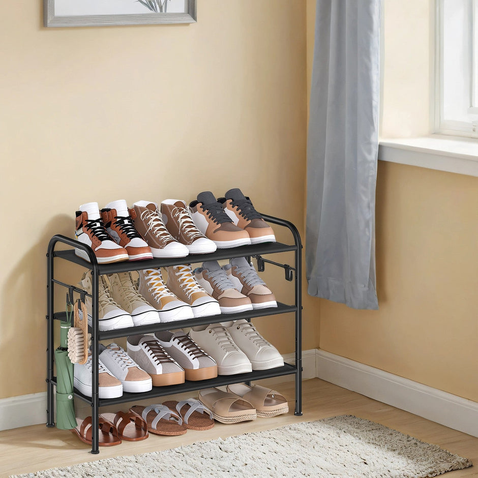 Shoe Rack – Fabric – Gray – 3-Tier Organizer with Hooks, Holds Up to 12 Pairs