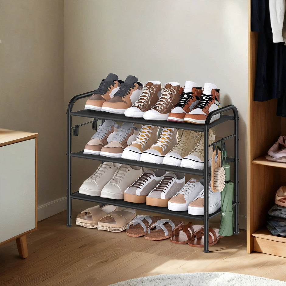 Shoe Rack – Fabric – Gray – 3-Tier Organizer with Hooks, Holds Up to 12 Pairs