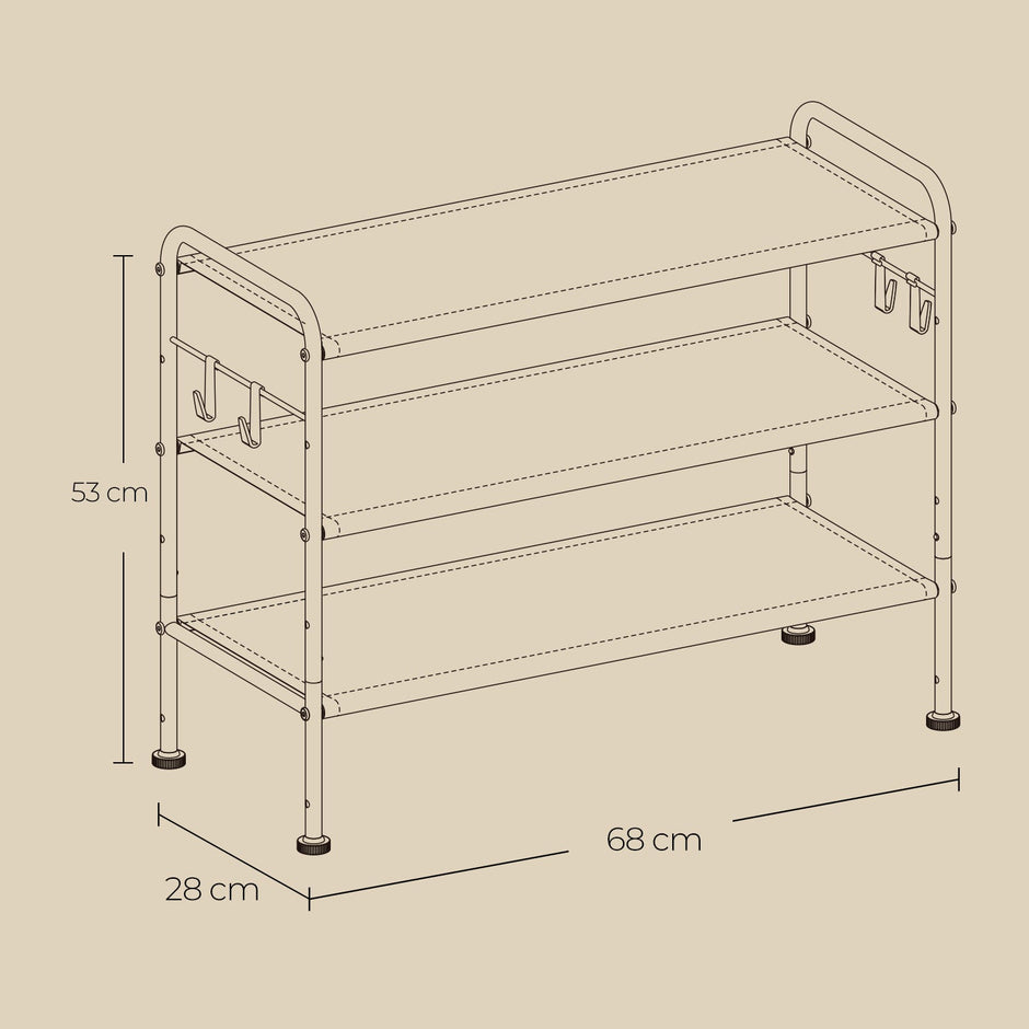Shoe Rack – Fabric – Gray – 3-Tier Organizer with Hooks, Holds Up to 12 Pairs