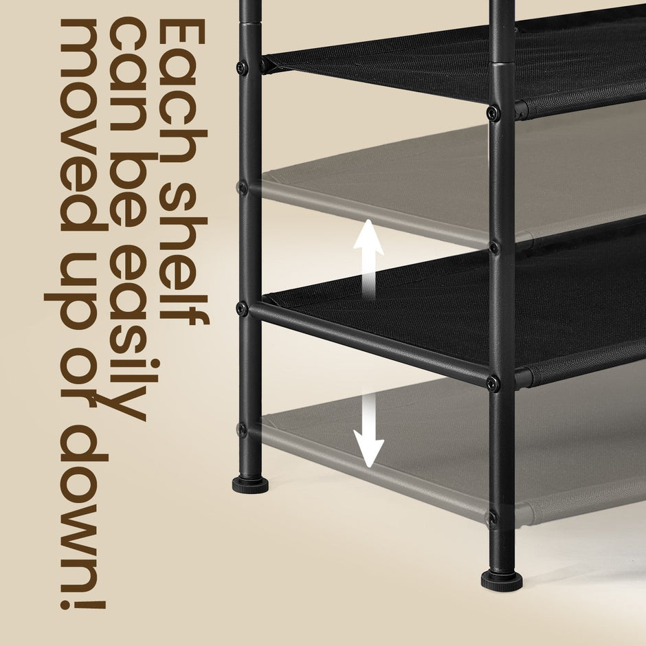 Shoe Rack – Fabric – Gray – 3-Tier Organizer with Hooks, Holds Up to 12 Pairs