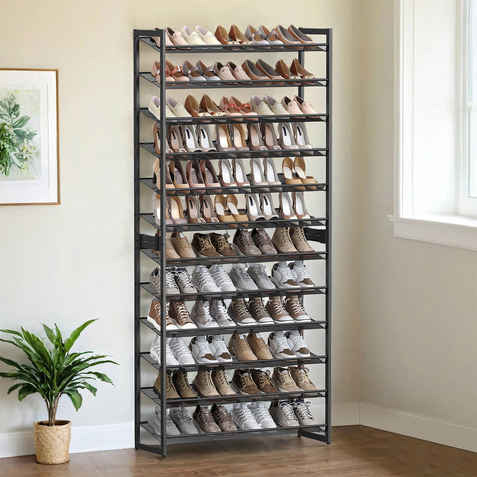 12-Tier Shoe Rack – Metal – Black – Adjustable Shelves for 48-60 Pairs