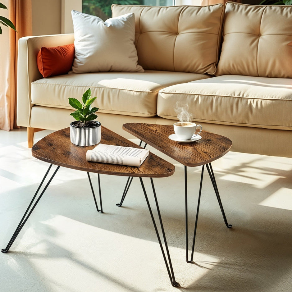 Set of 2 Nesting Side Tables – Wood and Metal – Rustic Brown and Black – Industrial Style