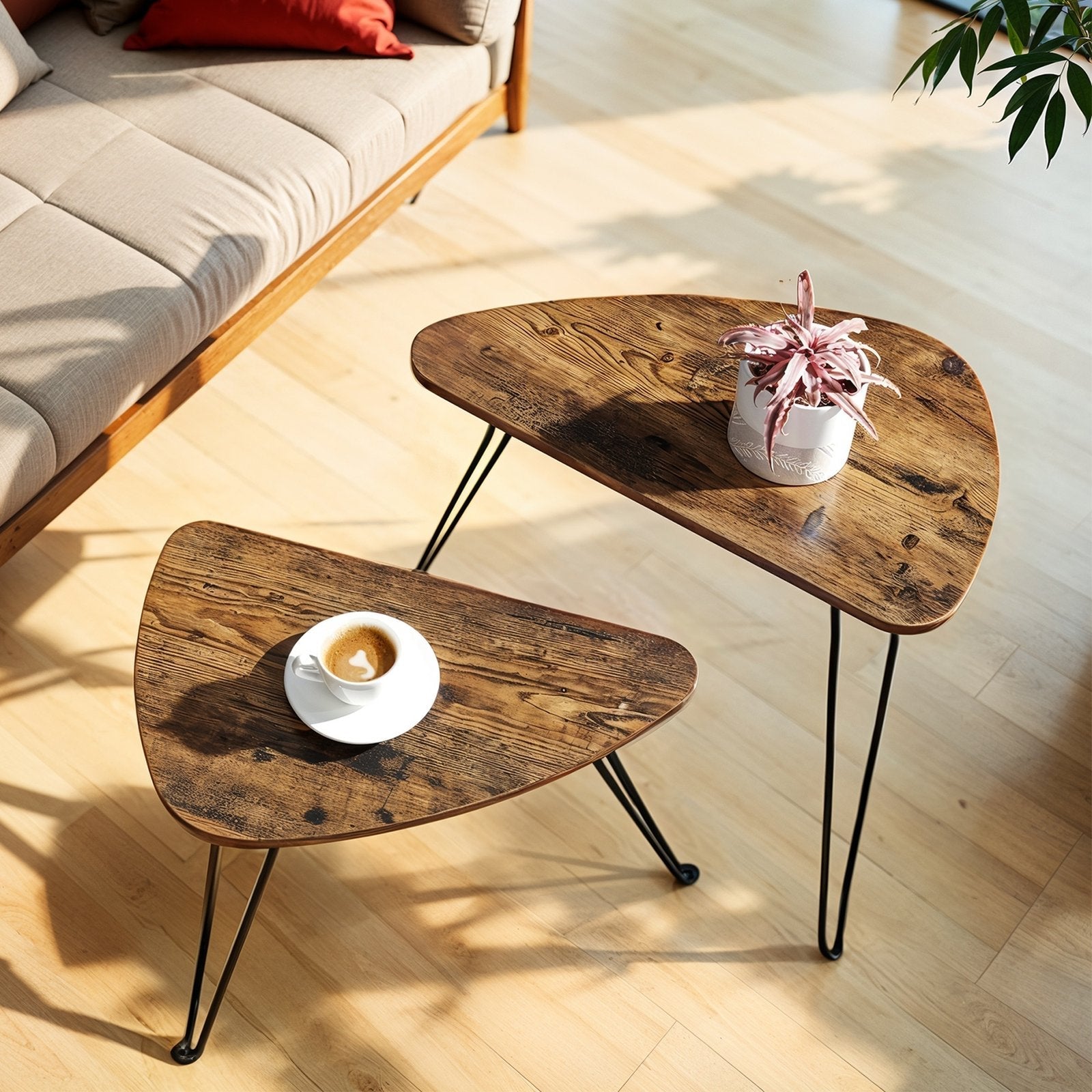 Set of 2 Nesting Side Tables – Wood and Metal – Rustic Brown and Black – Industrial Style