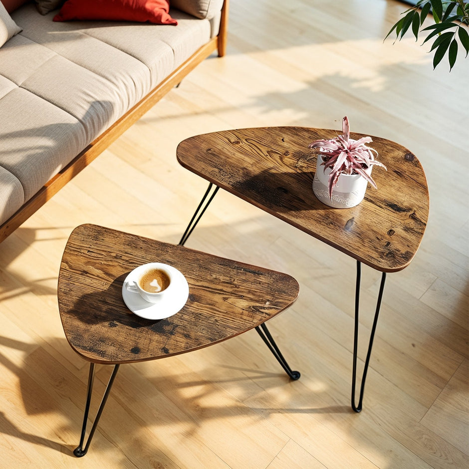 Set of 2 Nesting Side Tables – Wood and Metal – Rustic Brown and Black – Industrial Style