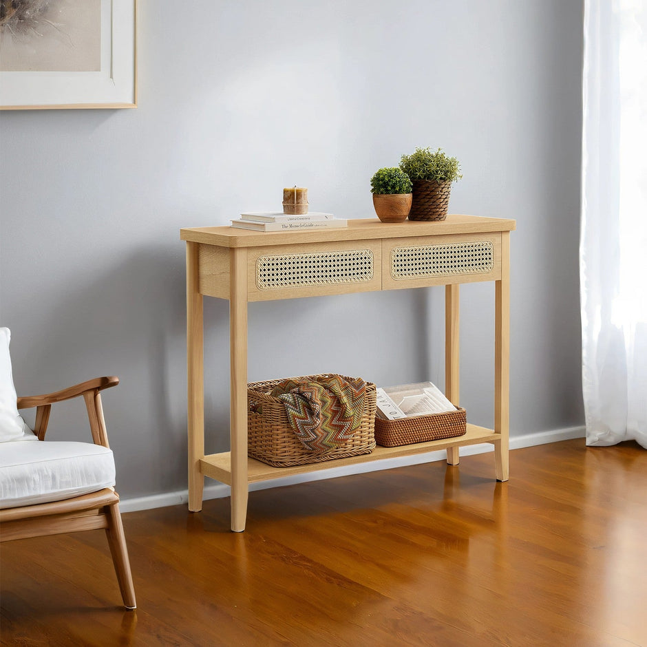 Console Table – Wood – Natural Finish – Slim Design with 2 Drawers and Open Shelf