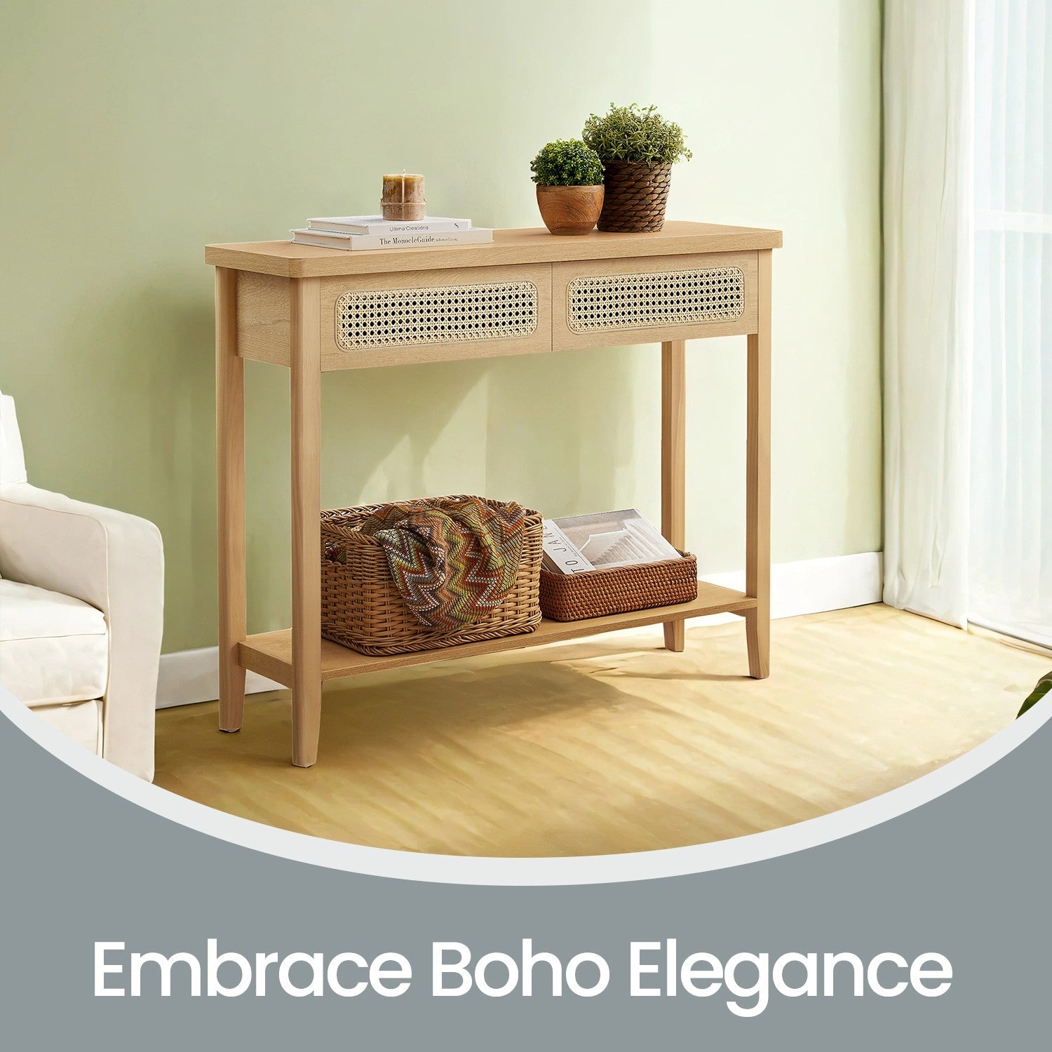 Console Table – Wood – Natural Finish – Slim Design with 2 Drawers and Open Shelf