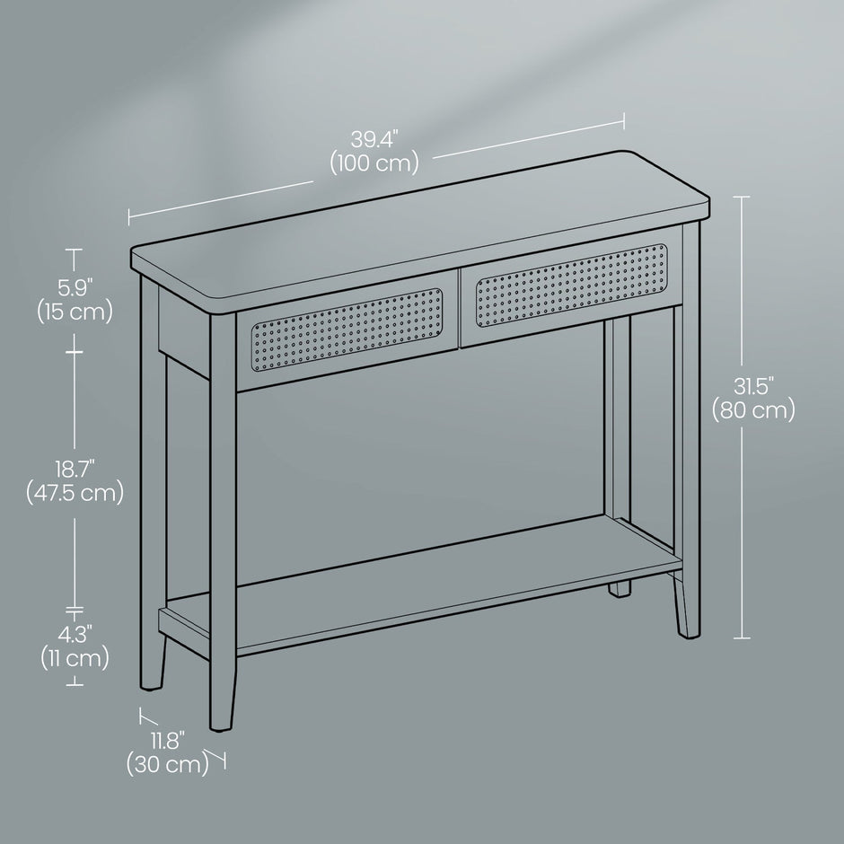 Console Table – Wood – Natural Finish – Slim Design with 2 Drawers and Open Shelf