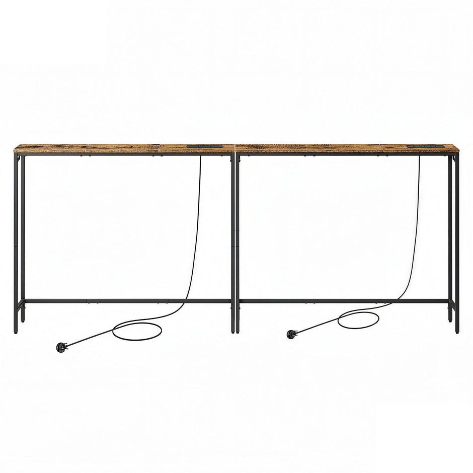 Console Tables – Wood – Rustic Brown and Ink Black – Built-In Charging Station, Set of 2 with Hooks