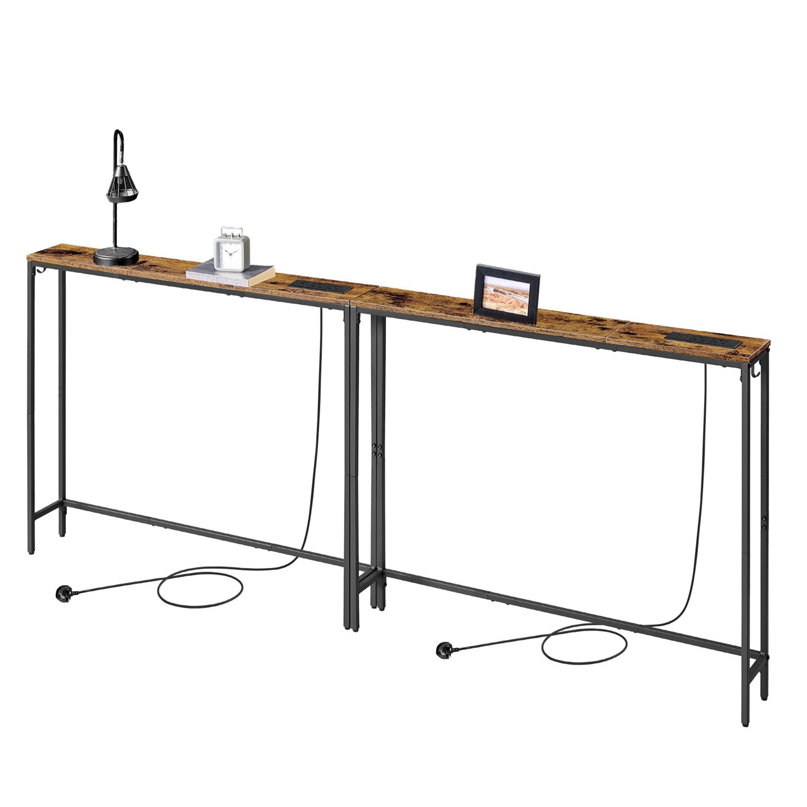 Console Tables – Wood – Rustic Brown and Ink Black – Built-In Charging Station, Set of 2 with Hooks