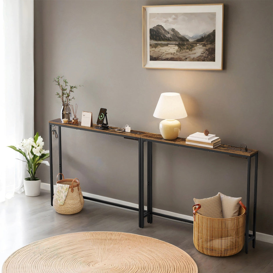 Console Tables – Wood – Rustic Brown and Ink Black – Built-In Charging Station, Set of 2 with Hooks