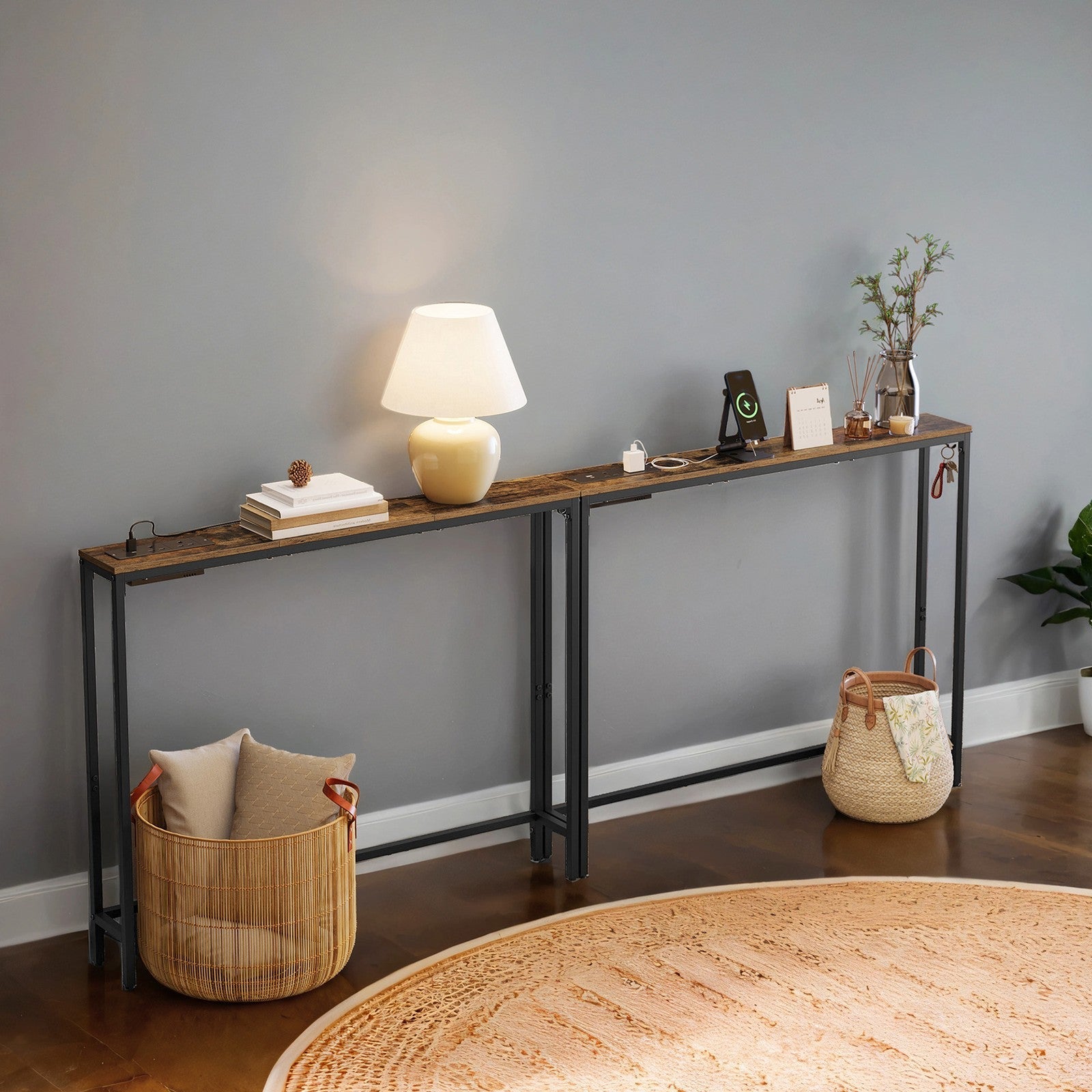 Console Tables – Wood – Rustic Brown and Ink Black – Built-In Charging Station, Set of 2 with Hooks