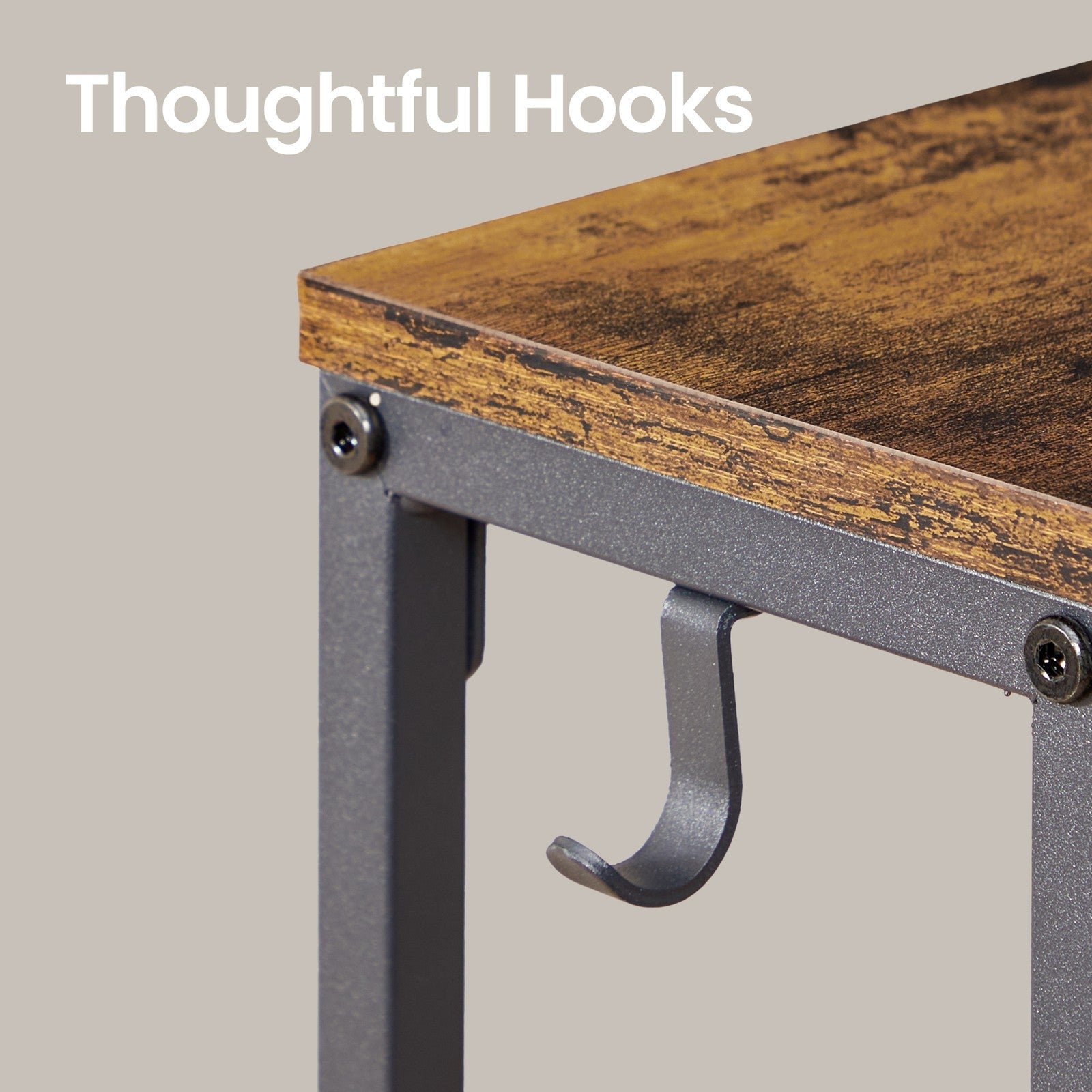 Console Tables – Wood – Rustic Brown and Ink Black – Built-In Charging Station, Set of 2 with Hooks