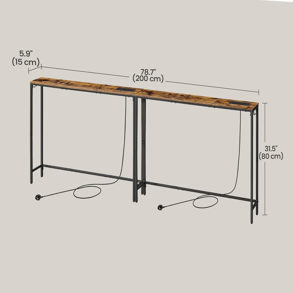 Console Tables – Wood – Rustic Brown and Ink Black – Built-In Charging Station, Set of 2 with Hooks