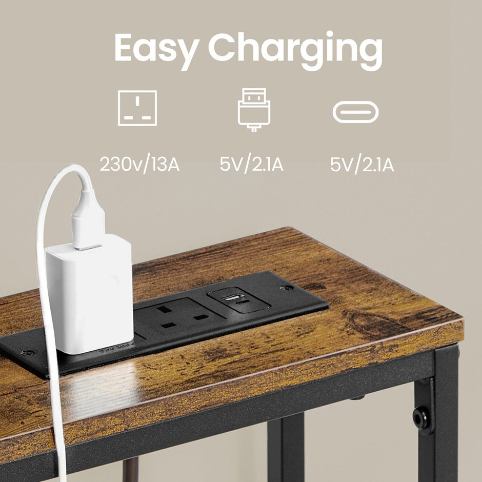 Console Tables – Wood – Rustic Brown and Ink Black – Built-In Charging Station, Set of 2 with Hooks