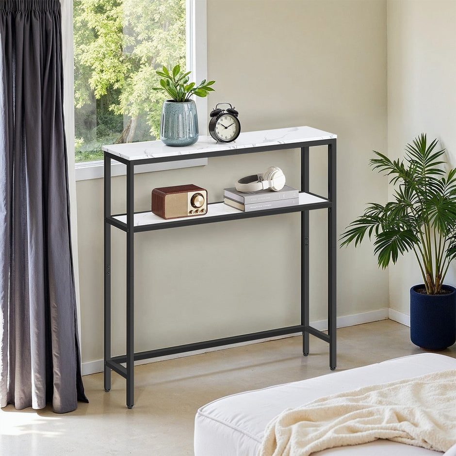 Console Table – Wood – Marble White and Ink Black – 2-Tier Design with Shelves