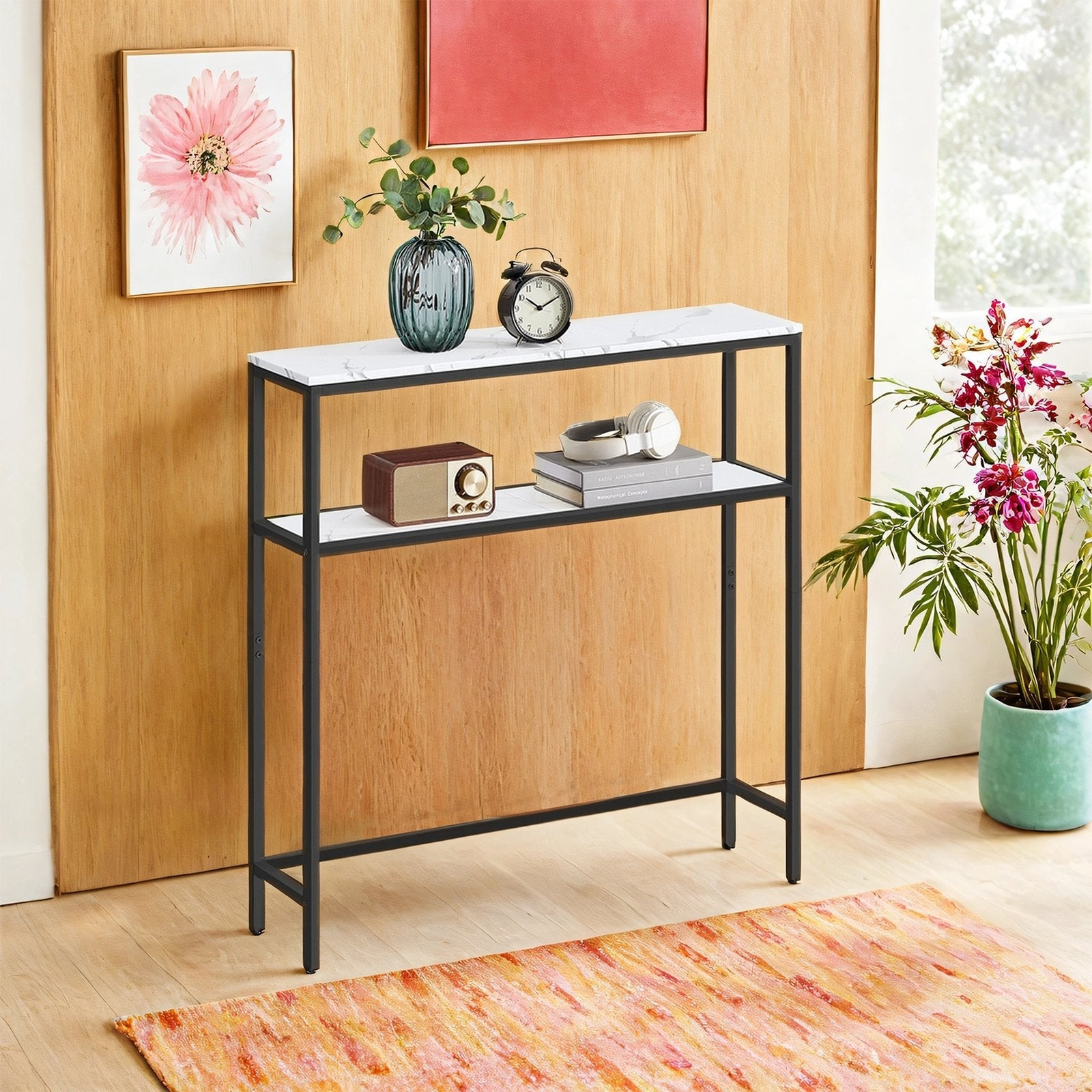 Console Table – Wood – Marble White and Ink Black – 2-Tier Design with Shelves