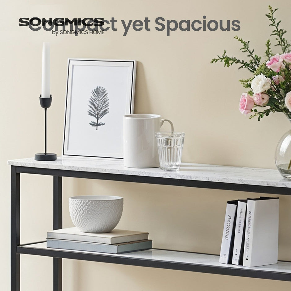 Console Table – Wood – Marble White and Ink Black – 2-Tier Design with Shelves