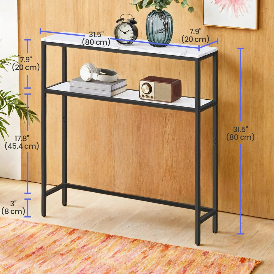 Console Table – Wood – Marble White and Ink Black – 2-Tier Design with Shelves