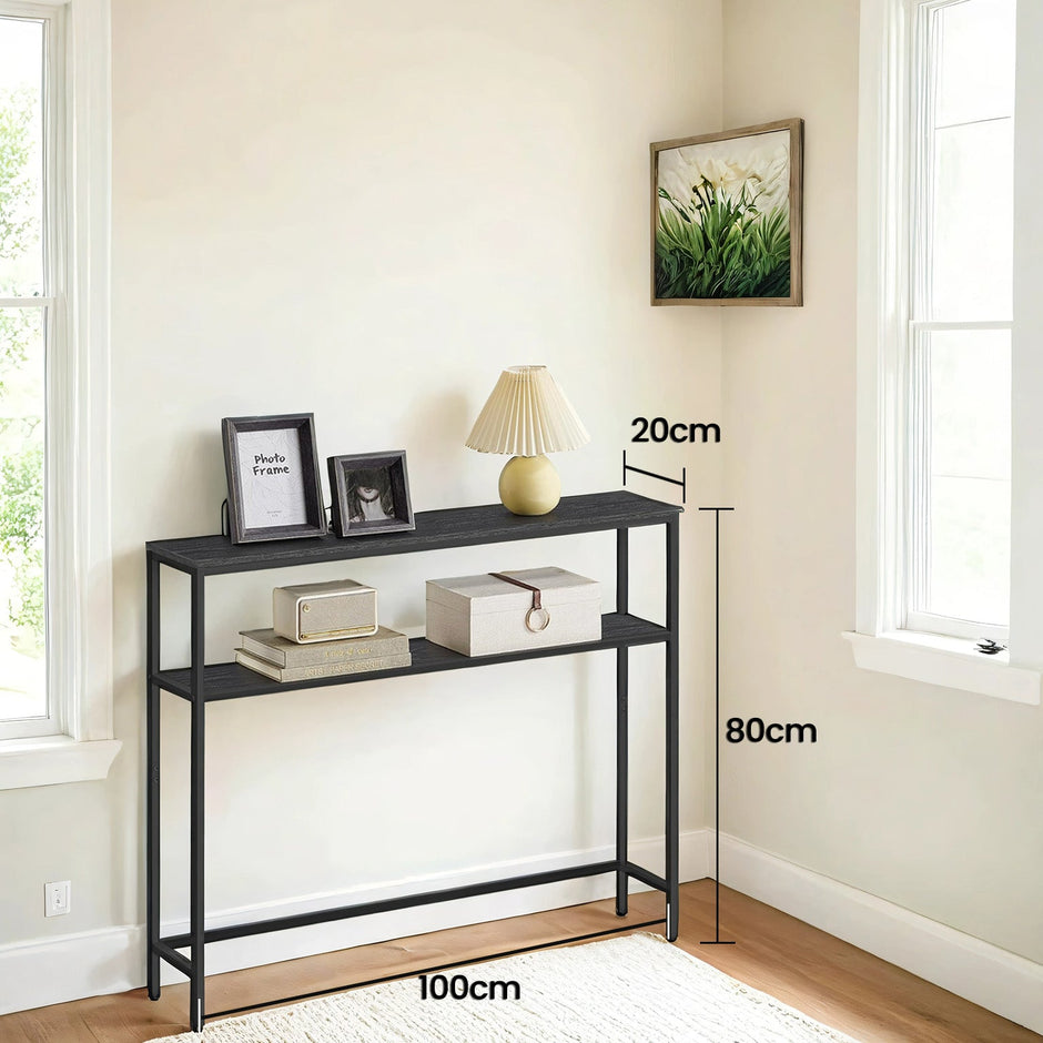 Console Table – MDF and Metal – Marble White and Ink Black – 2-Tier Design with Shelves