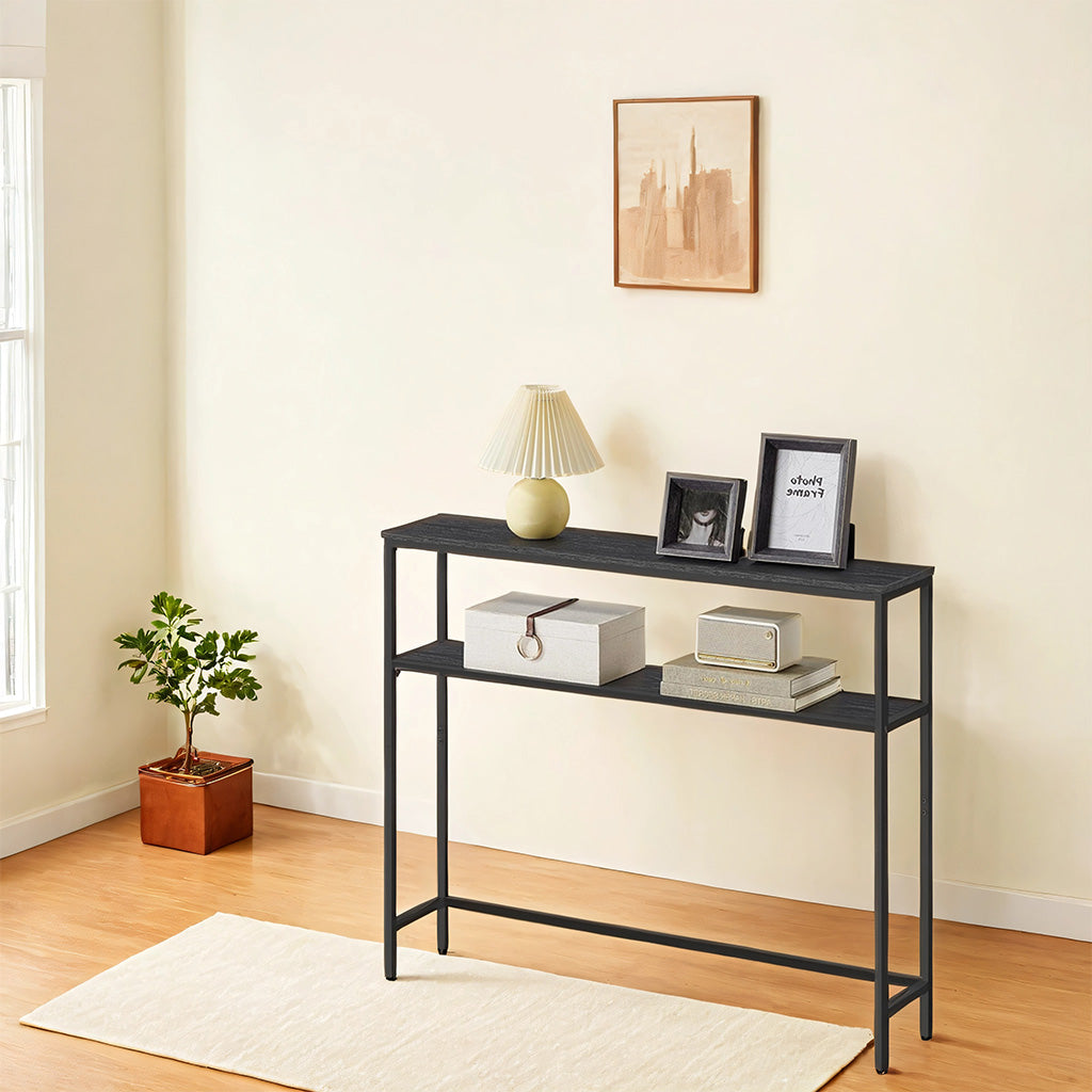 Console Table – MDF and Metal – Marble White and Ink Black – 2-Tier Design with Shelves