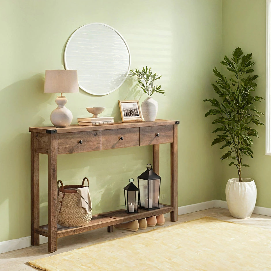 Console Table – Wood – Rustic Walnut – Narrow Design with 3 Drawers and Open Shelf