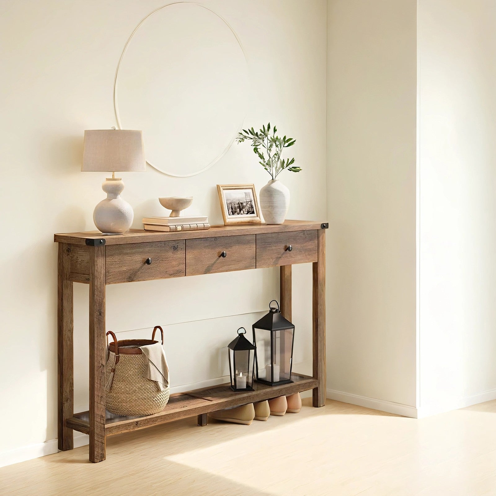 Console Table – Wood – Rustic Walnut – Narrow Design with 3 Drawers and Open Shelf
