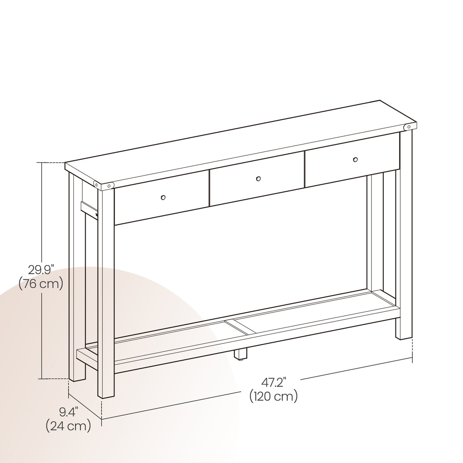 Console Table – Wood – Rustic Walnut – Narrow Design with 3 Drawers and Open Shelf